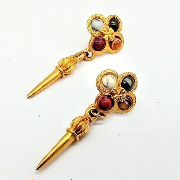 Brushed Matte Gold & Stone Pierced Drop Fashion Earrings - Picture 3 of 5